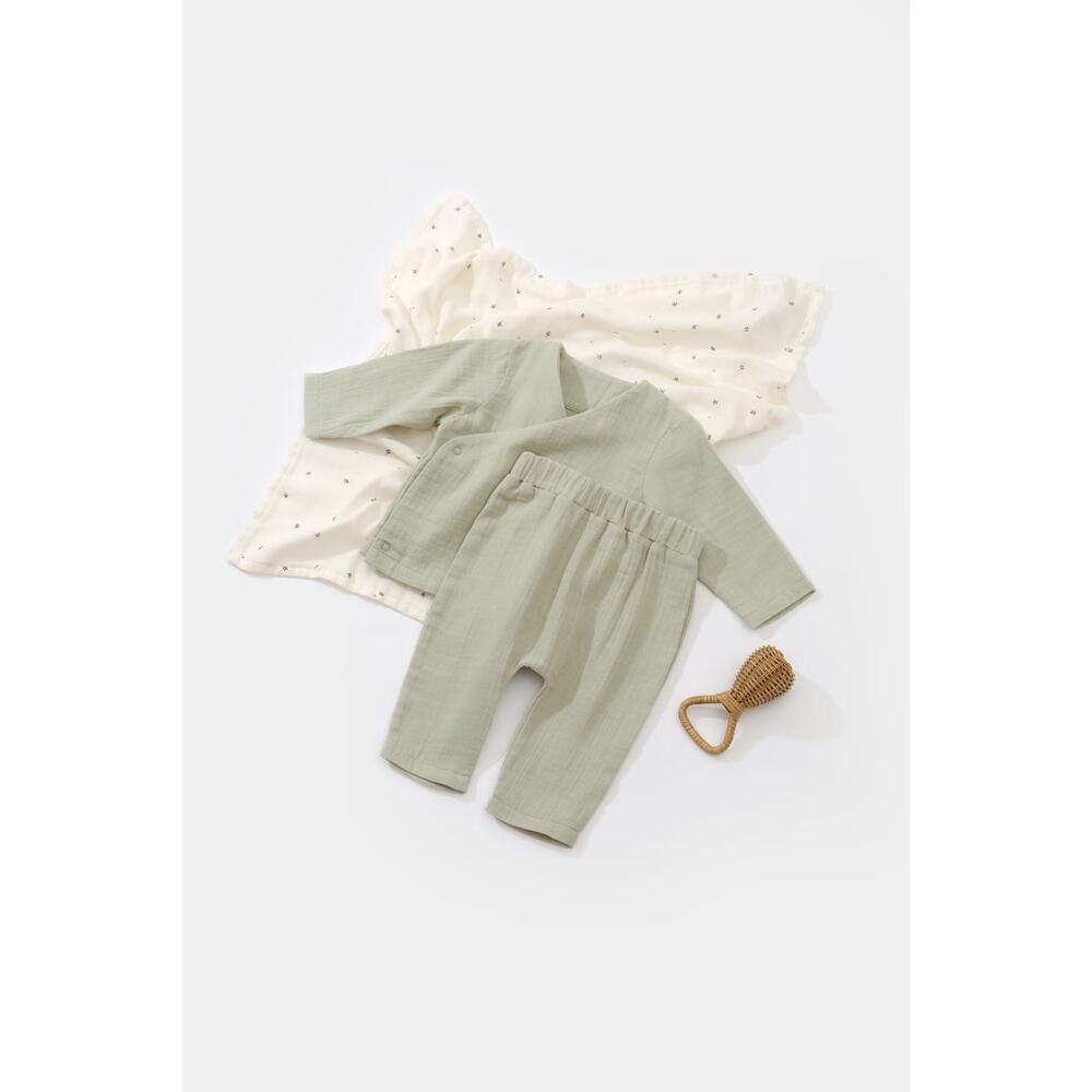 Organic Cotton Baby Outfit Set Green 9-12M GOTS 2 Pc Top Pants - Picture 3 of 6